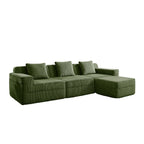 Green corduroy modular sectional sofa with chaise ottoman and five cushions