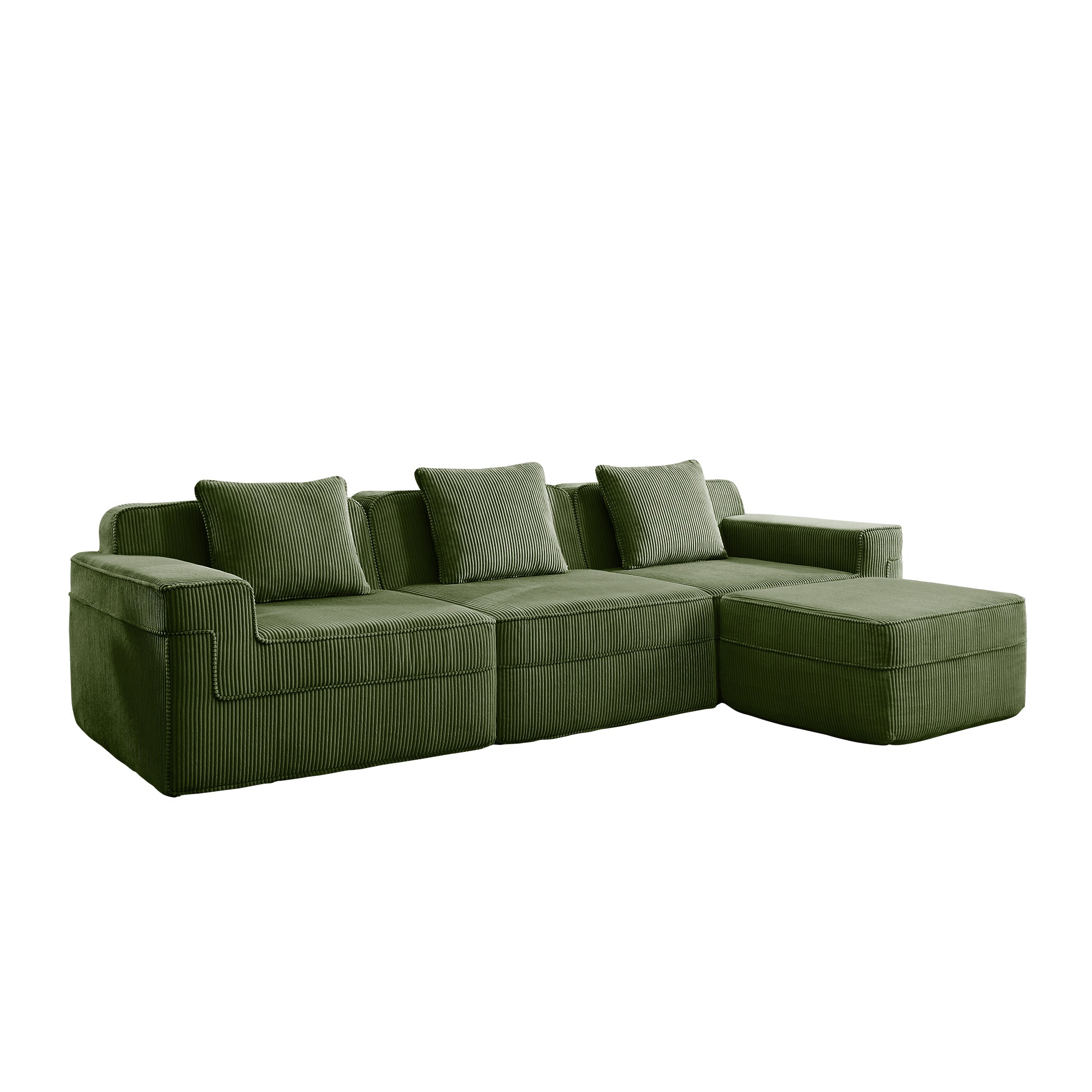 Green corduroy modular sectional sofa with chaise ottoman and five cushions