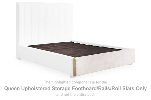 Light beige upholstered queen storage footboard with hinged top and roll slats