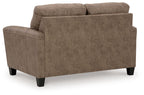 Taupe loveseat back view with high back cushions and padded square arms, dark legs