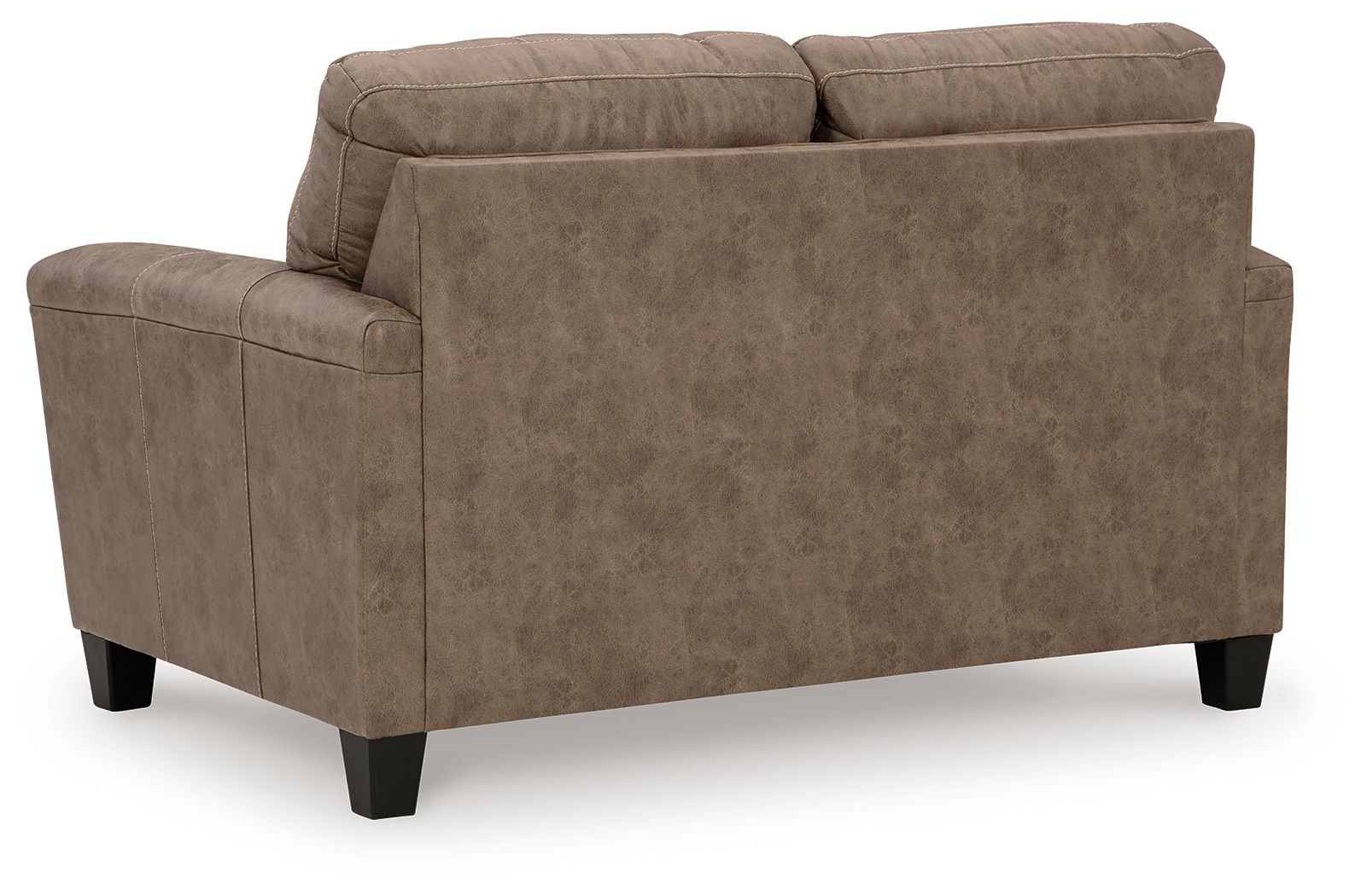 Taupe loveseat back view with high back cushions and padded square arms, dark legs