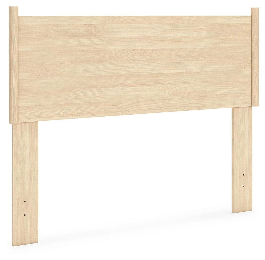 Tan full-panel headboard in light wood with two supporting legs