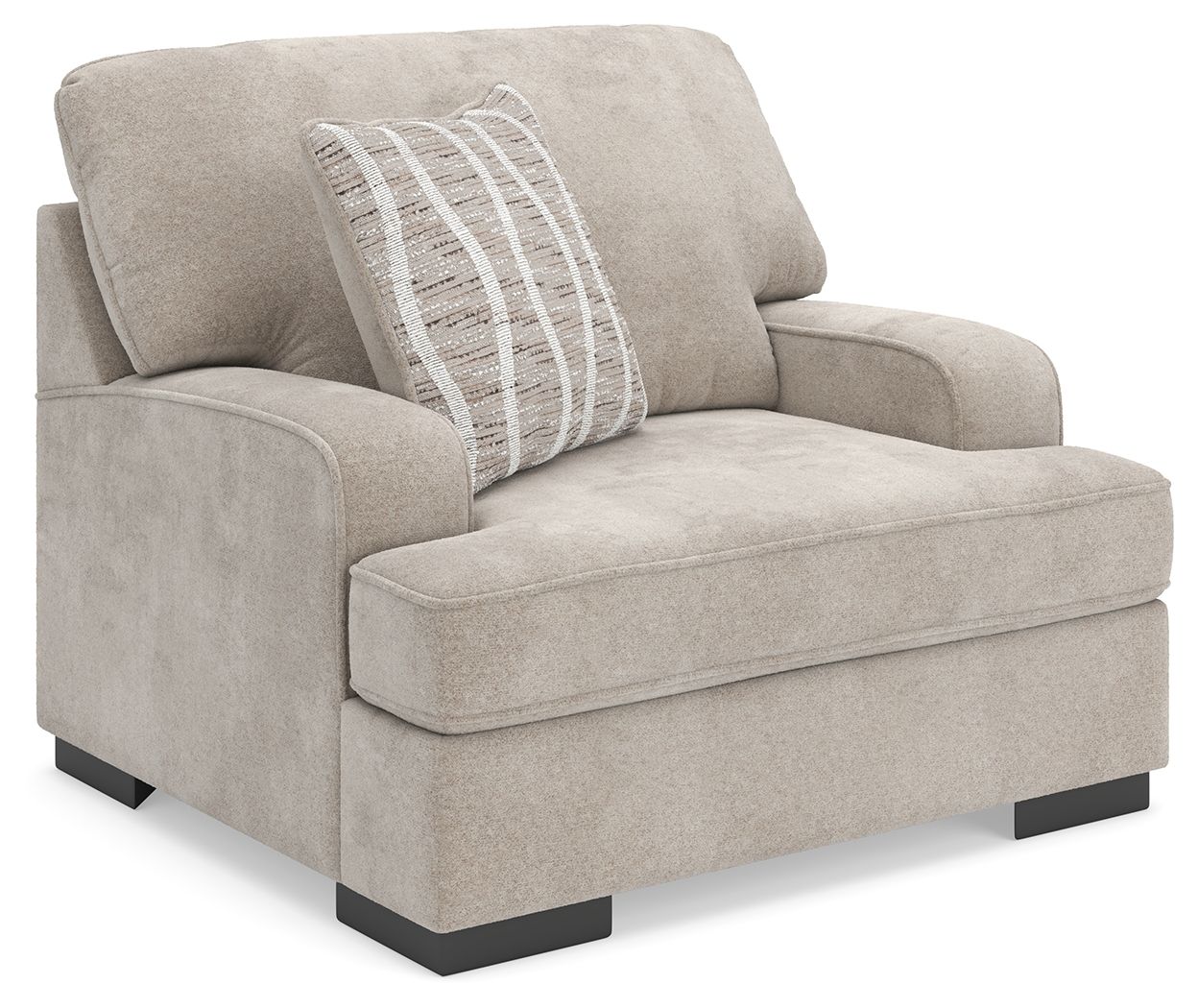 Taupe upholstered chair and a half with striped accent pillow and dark legs