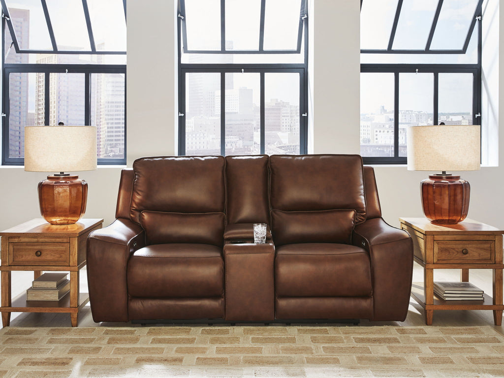 Power reclining loveseat with console and adjustable headrests, dark brown upholstered seating
