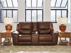 Power reclining loveseat with console and adjustable headrests, dark brown upholstered seating