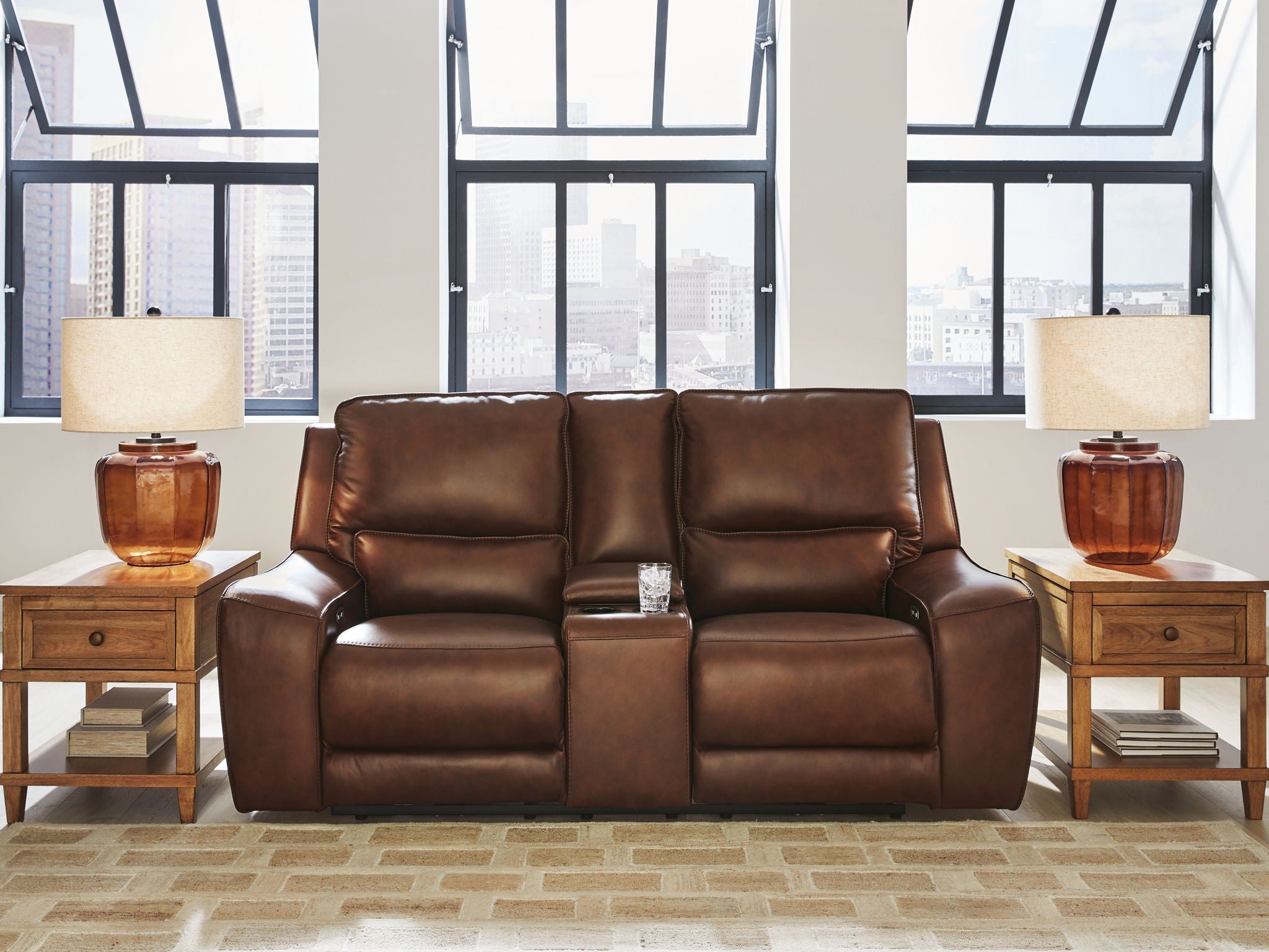 Power reclining loveseat with console and adjustable headrests, dark brown upholstered seating