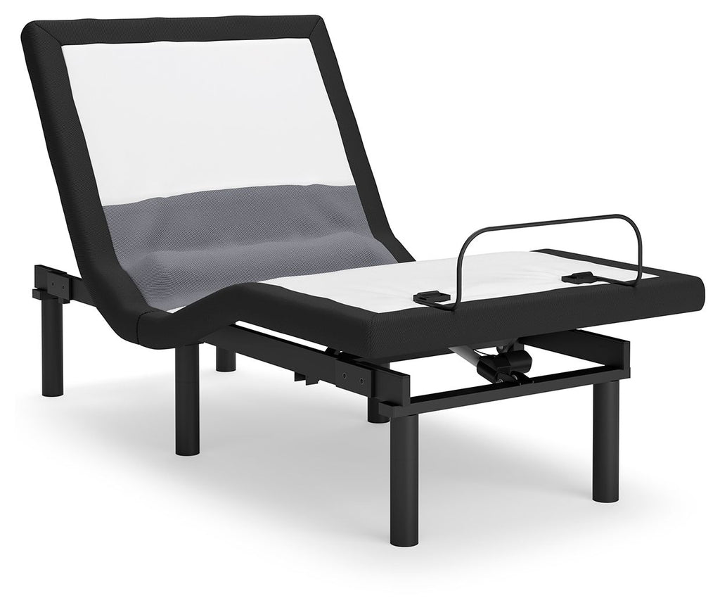 Black reclining bed base with raised headrest and fabric panels, front lift mechanism