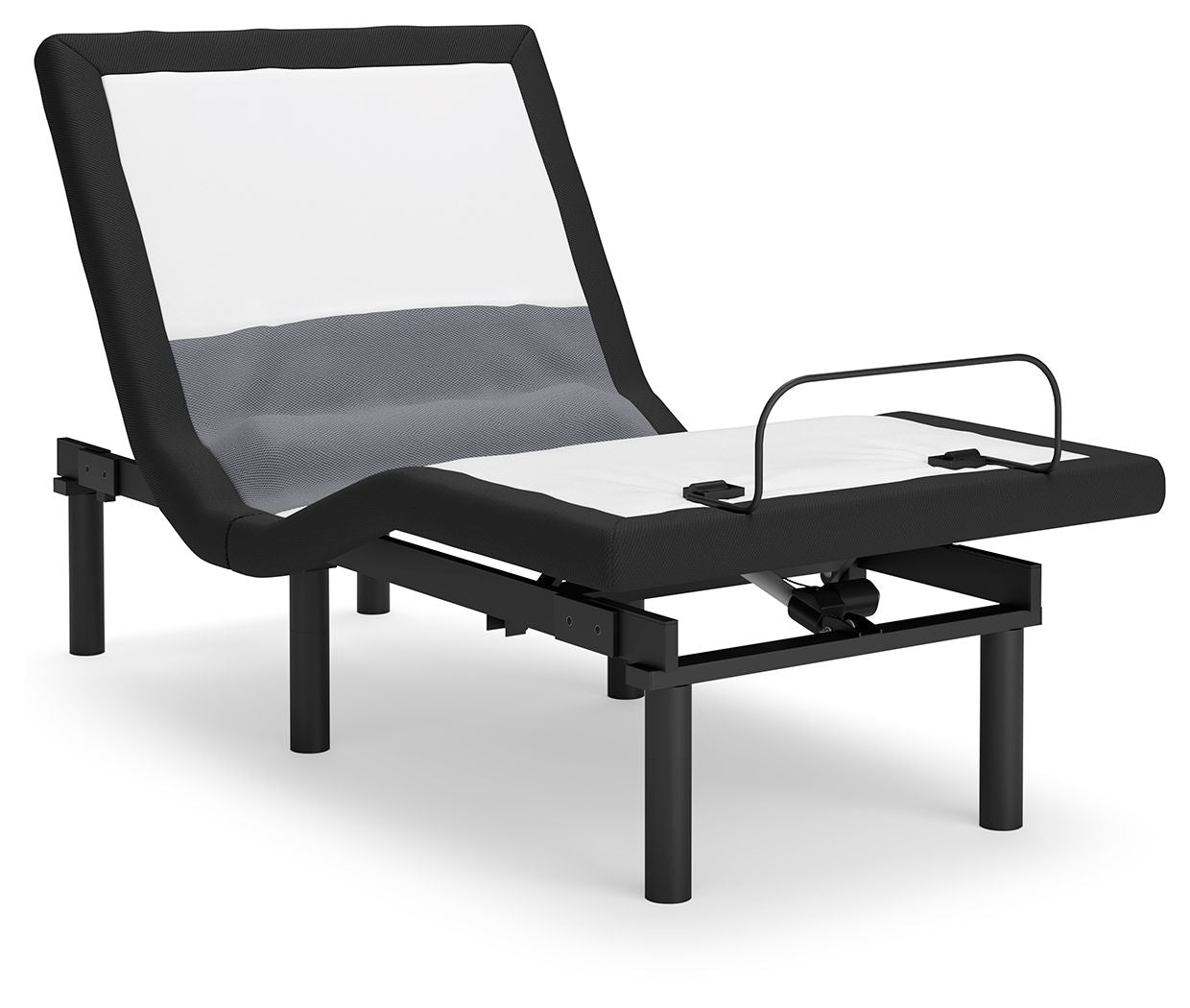 Black reclining bed base with raised headrest and fabric panels, front lift mechanism