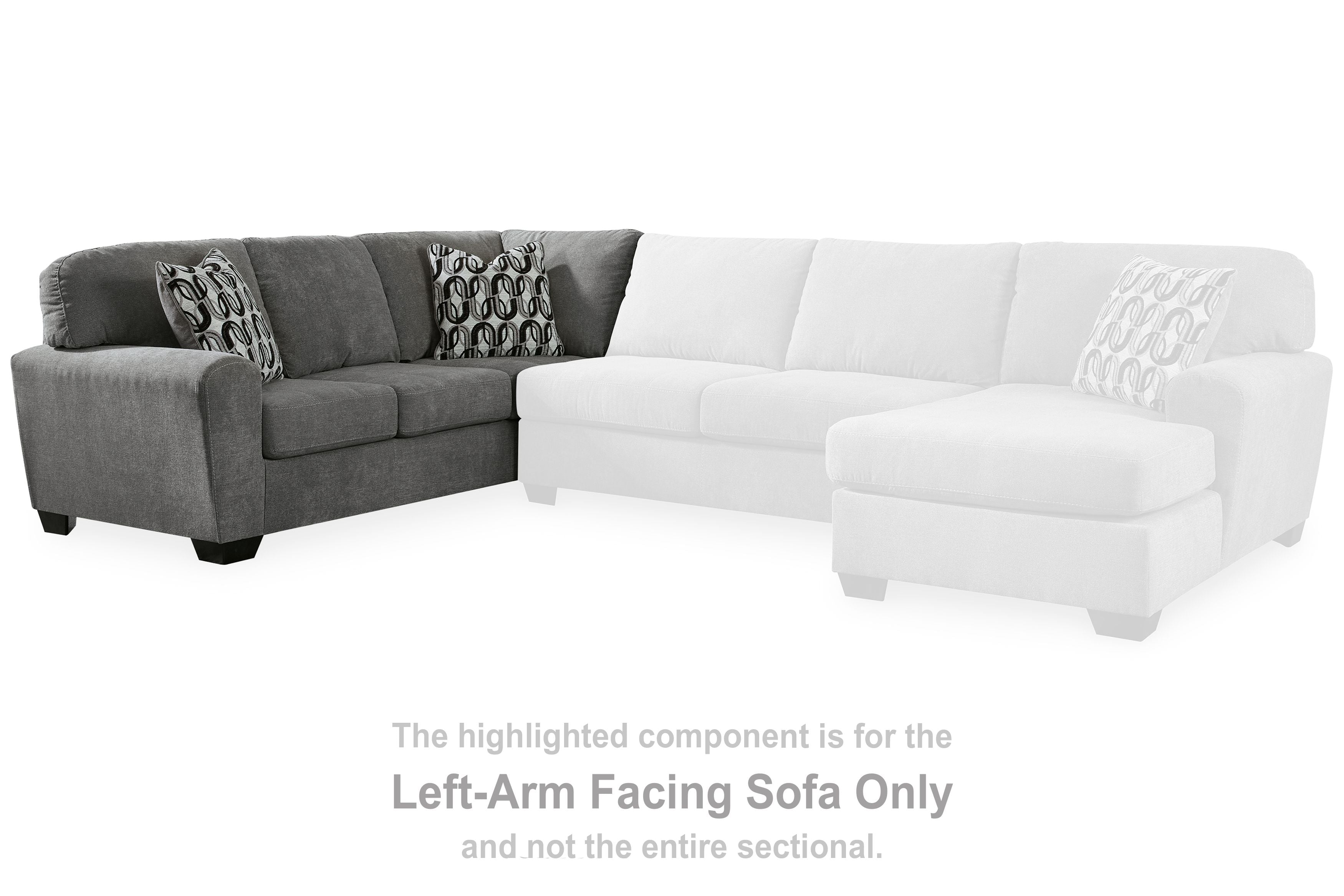 Gray left-arm facing sectional with white corner wedge and two patterned throw pillows