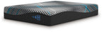 Black foam mattress with quilted grid top and turquoise corner stripes