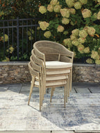 Beige woven arm chair with cushioned seat and armrests, set of 4.