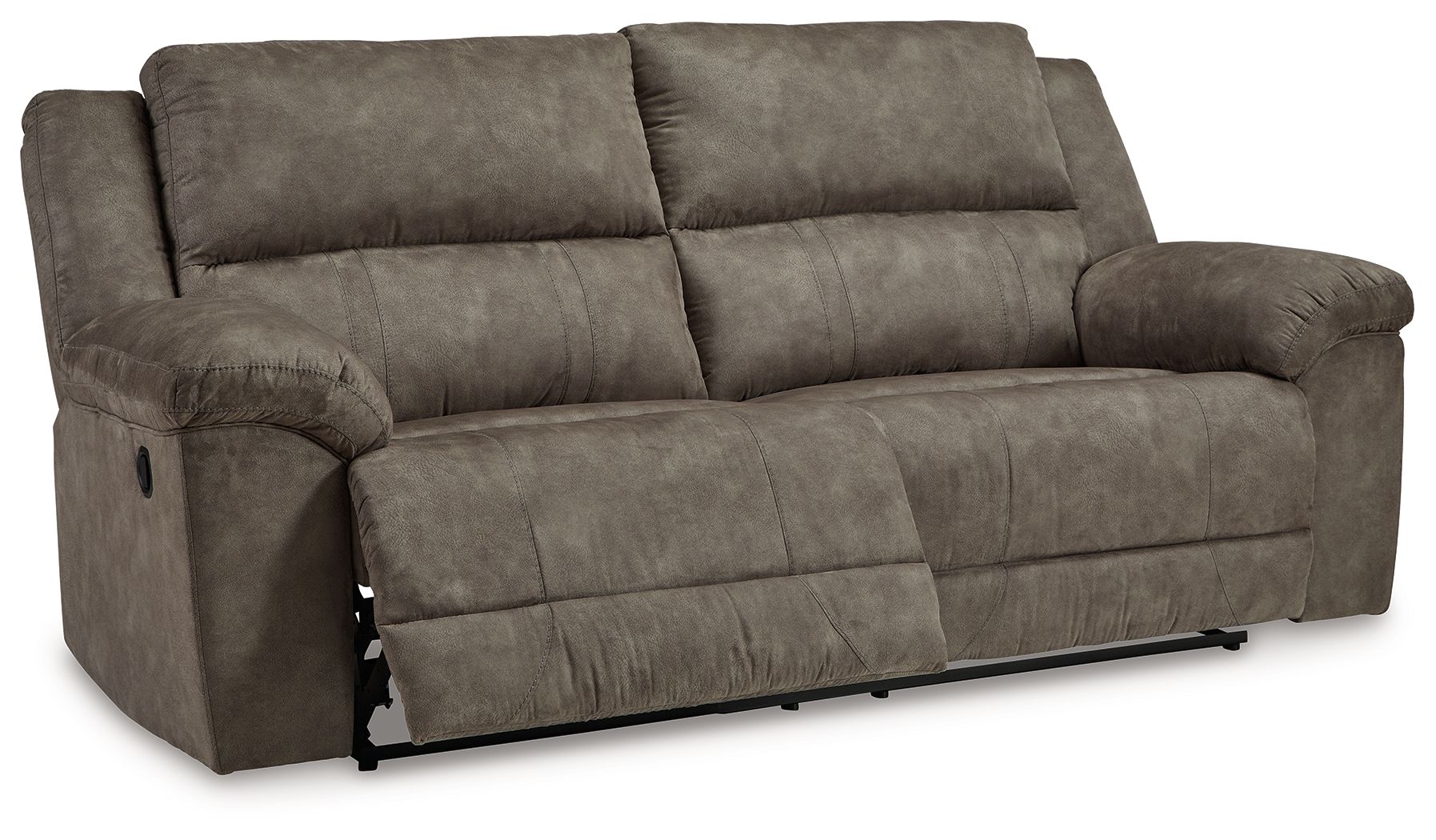 Reclining sofa in dark brown fabric with extended footrest and track arms