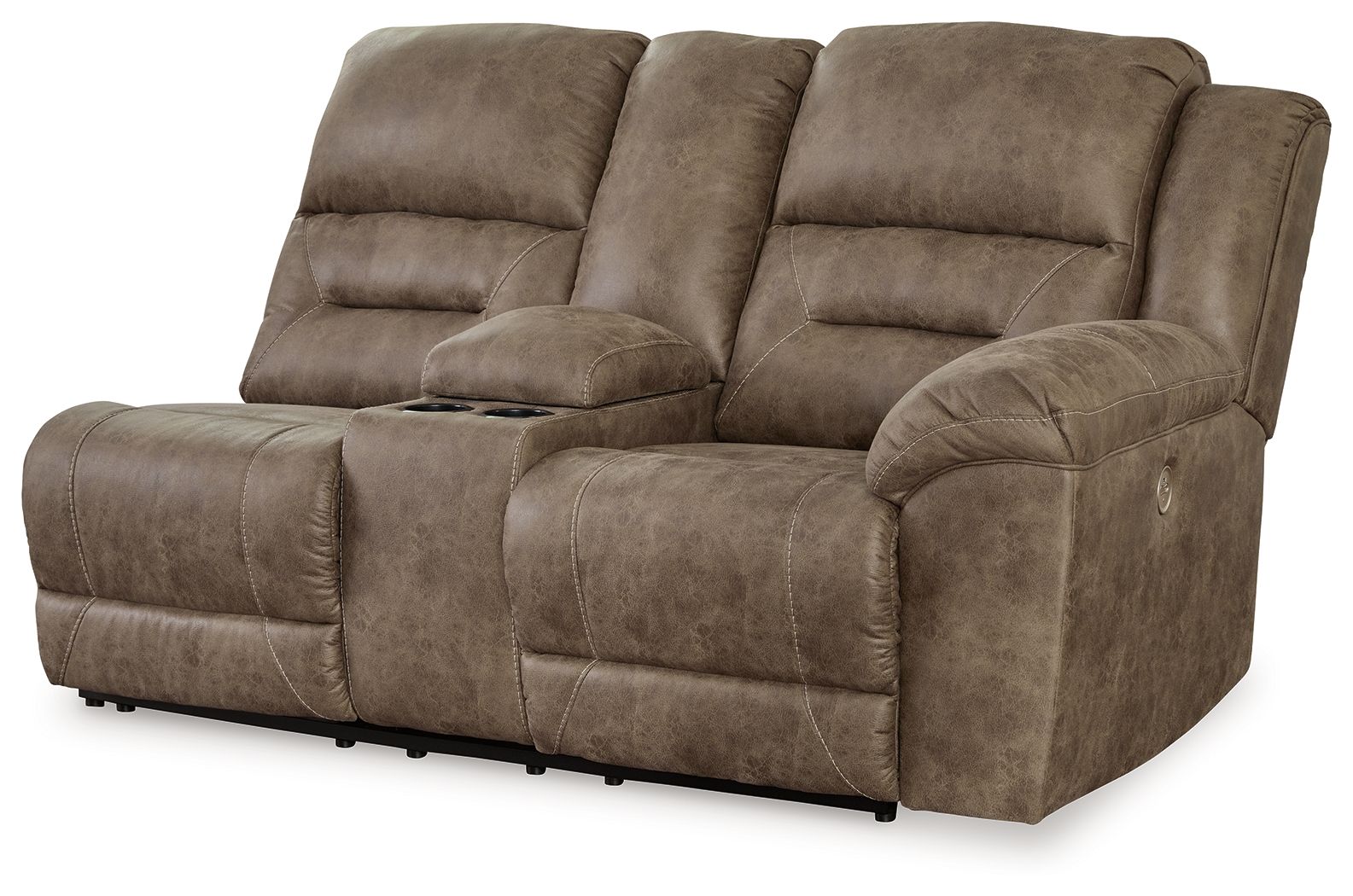 Power reclining loveseat with console, dark taupe fabric, angled view with wide armrests