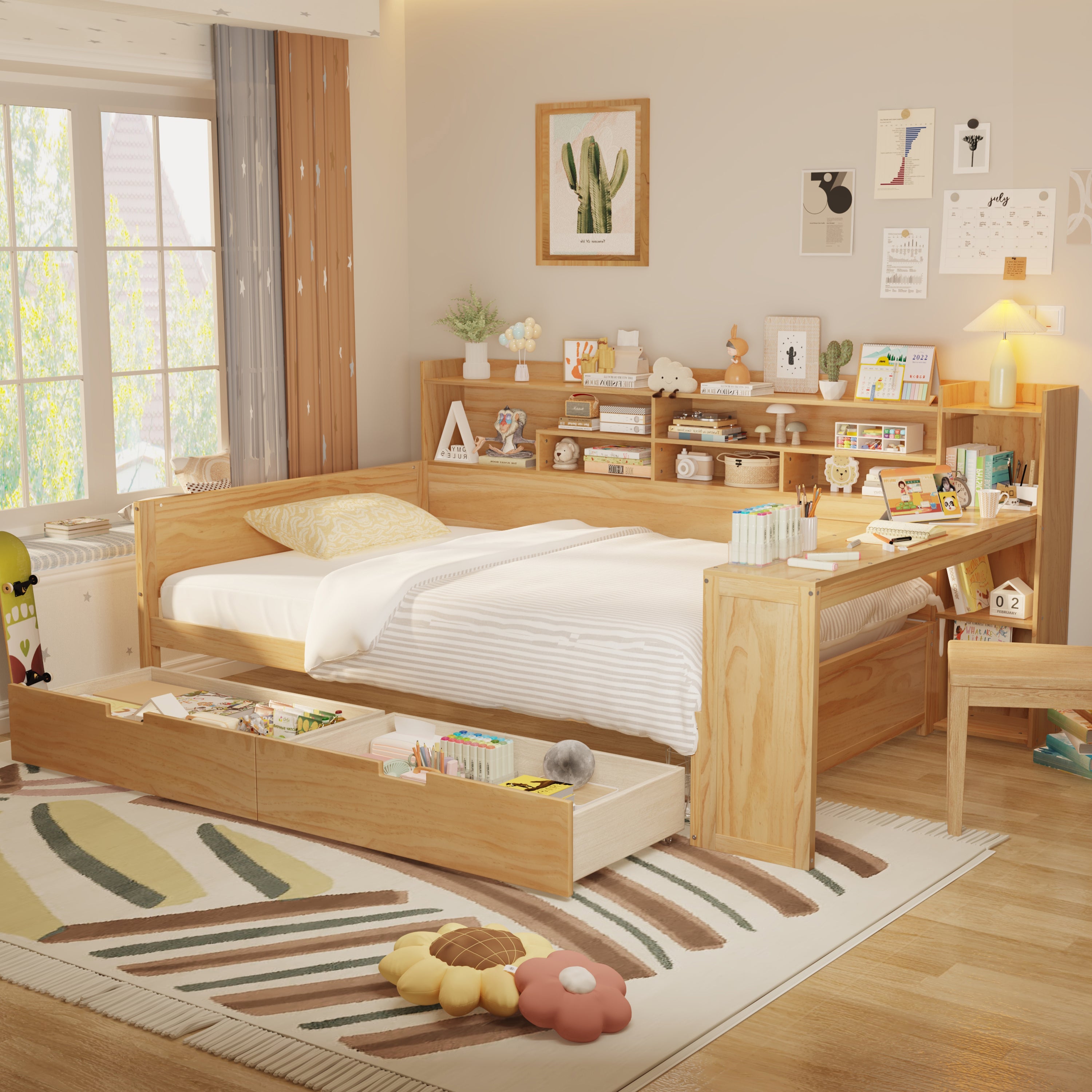 Full Size Wooden Daybed with Storage, Shelves & Desk - Multifunctional
