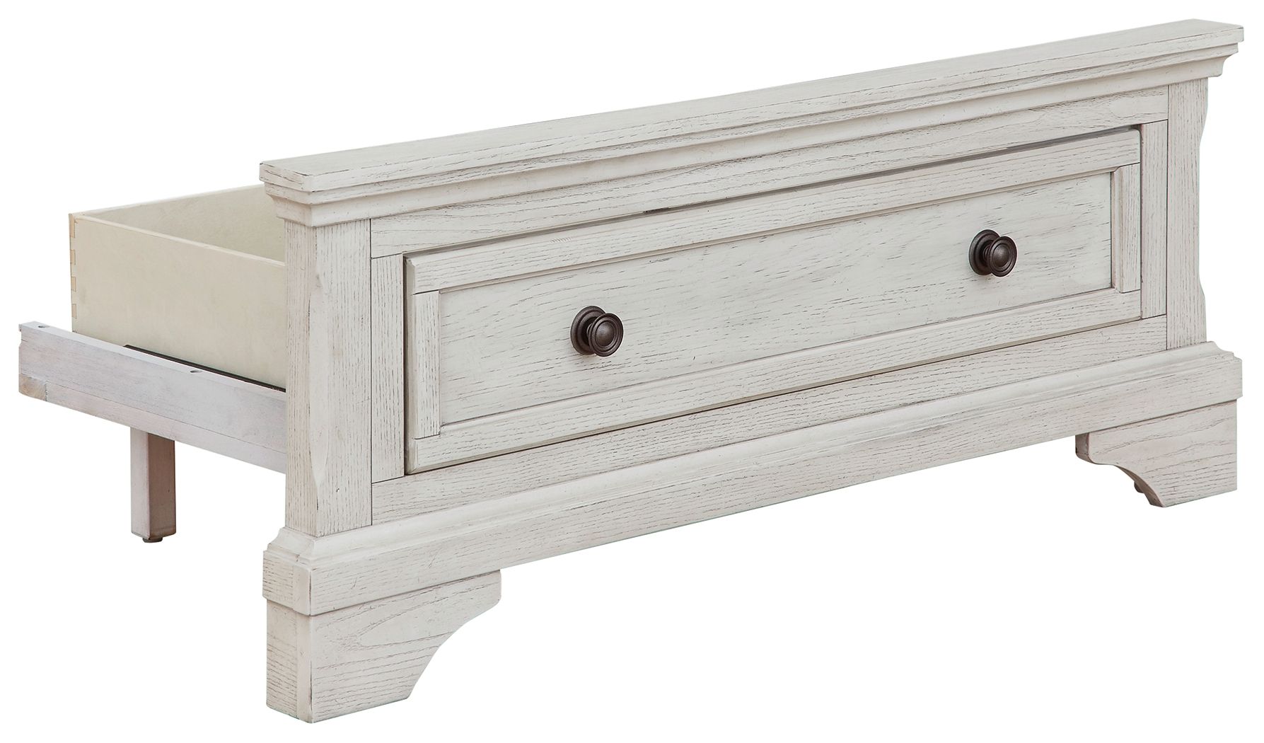 Antique white twin storage footboard with two drawers and round dark knobs