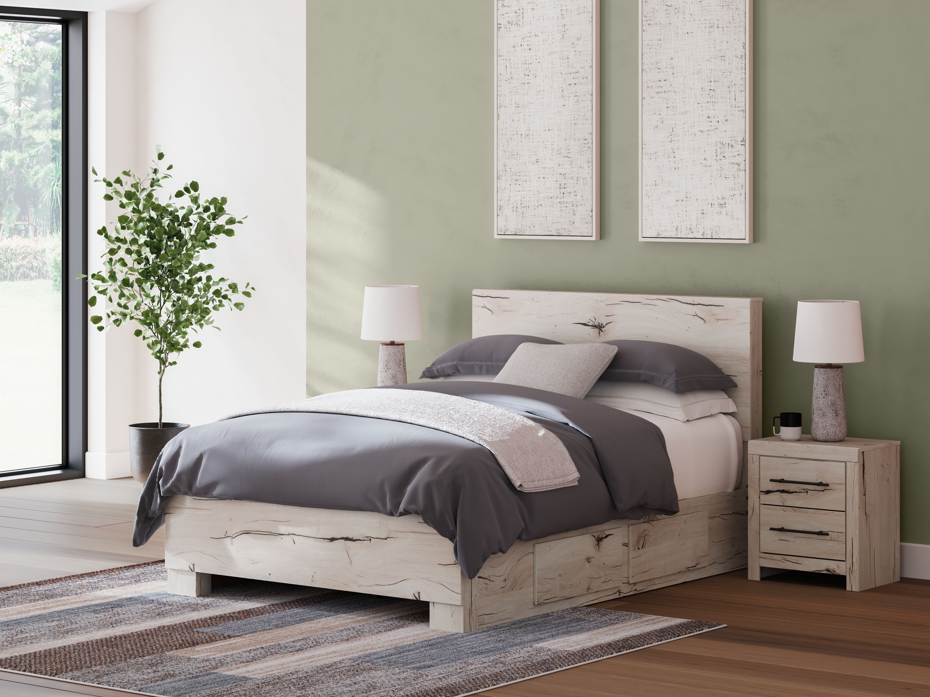 Beige panel storage bed with light upholstered frame and drawer-front panels