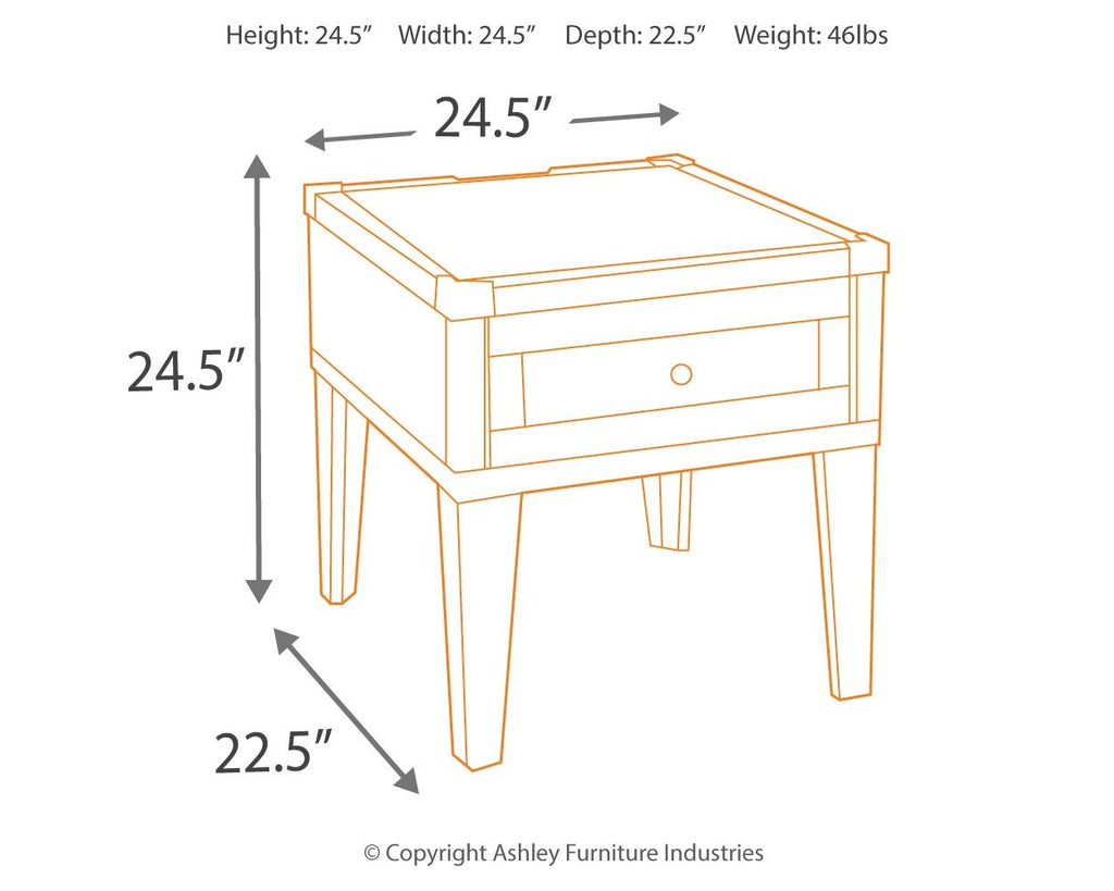 End table dimensions diagram: 24.5" H, 22.5" D, 24.5" W