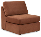 Spice armless chair with square seat and back, upholstered in brown textured fabric