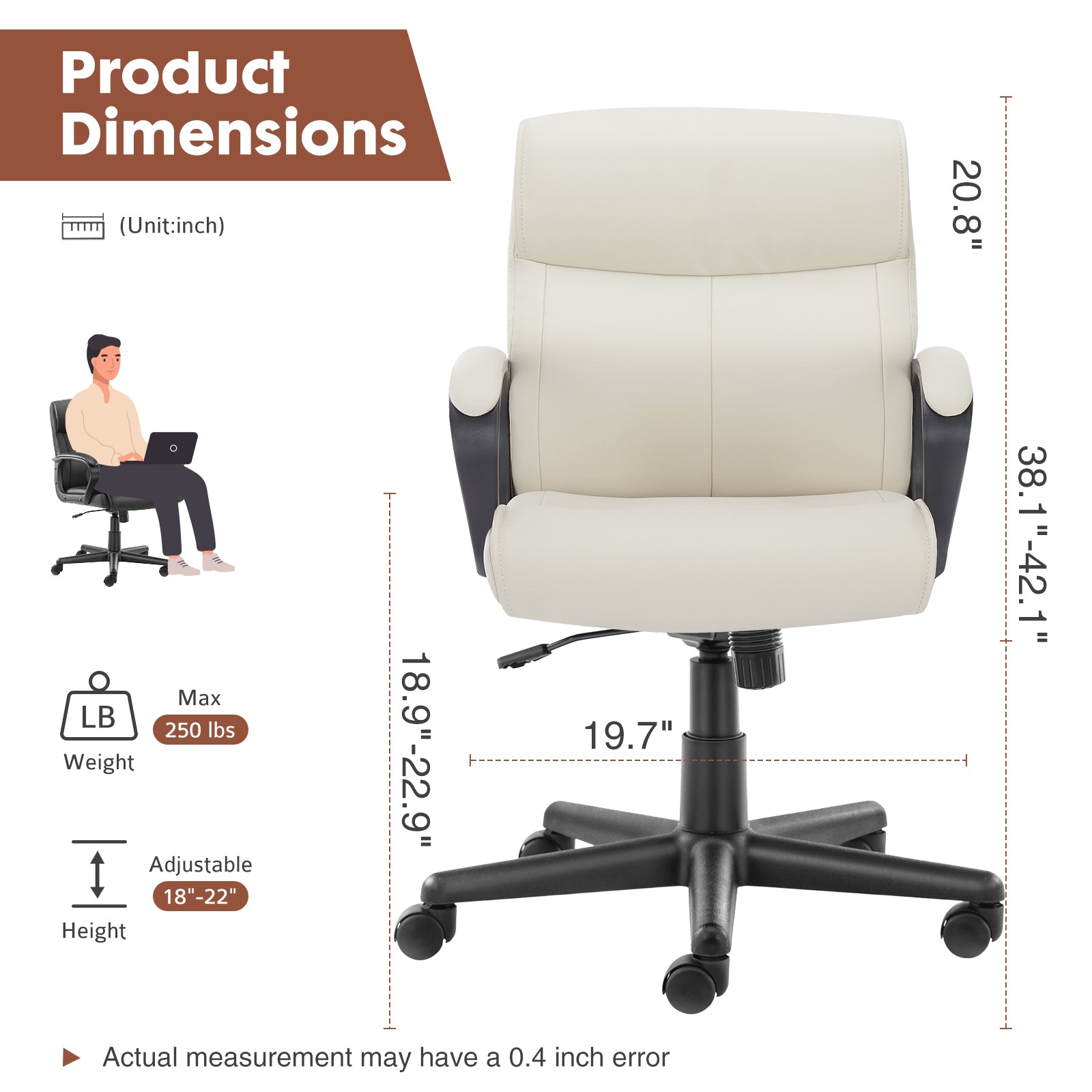 Mid Back Office Desk Chair with Padded Armrests, PU Leather