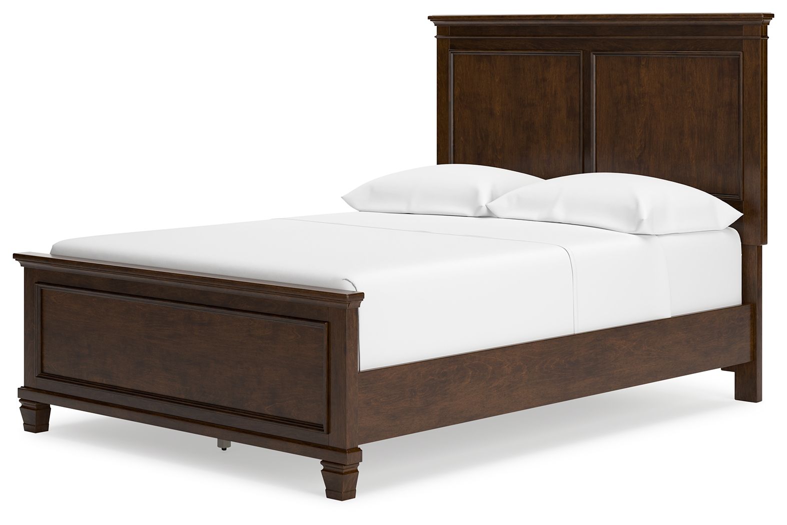 Dark brown panel bed with white mattress and front drawer panel