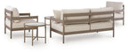 Beige patio loveseat with two lounge chairs and round coffee table, outdoor seating set