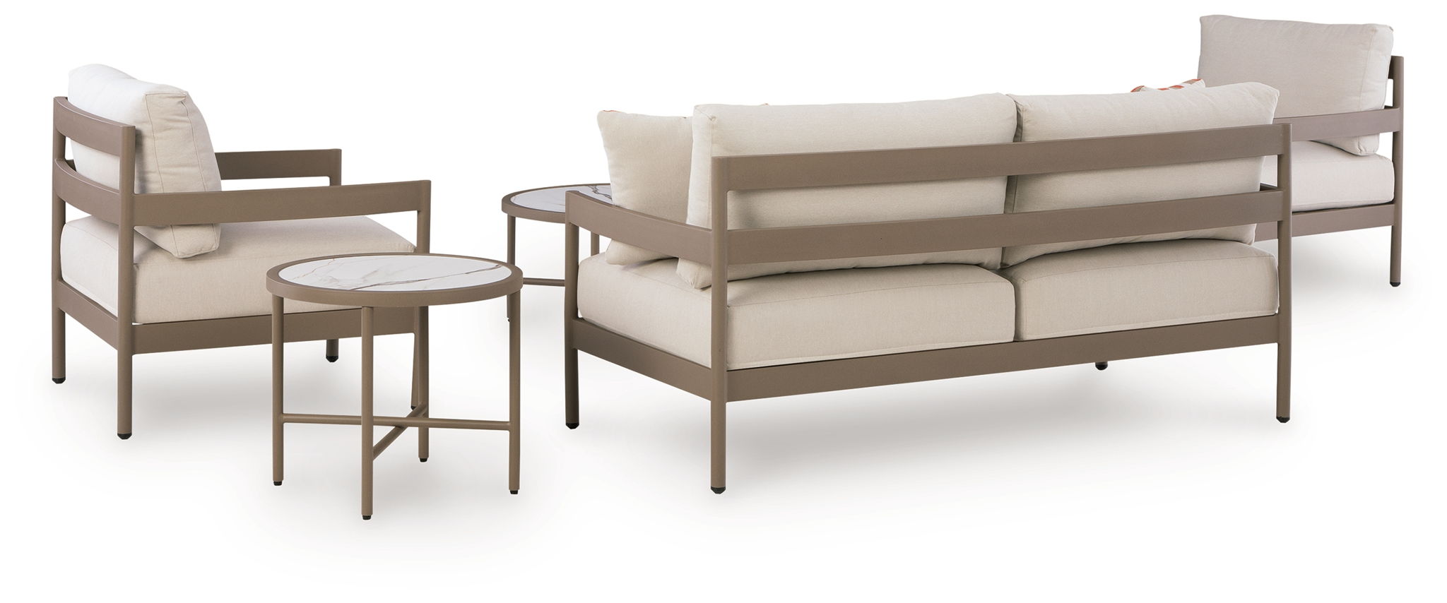 Beige patio loveseat with two lounge chairs and round coffee table, outdoor seating set