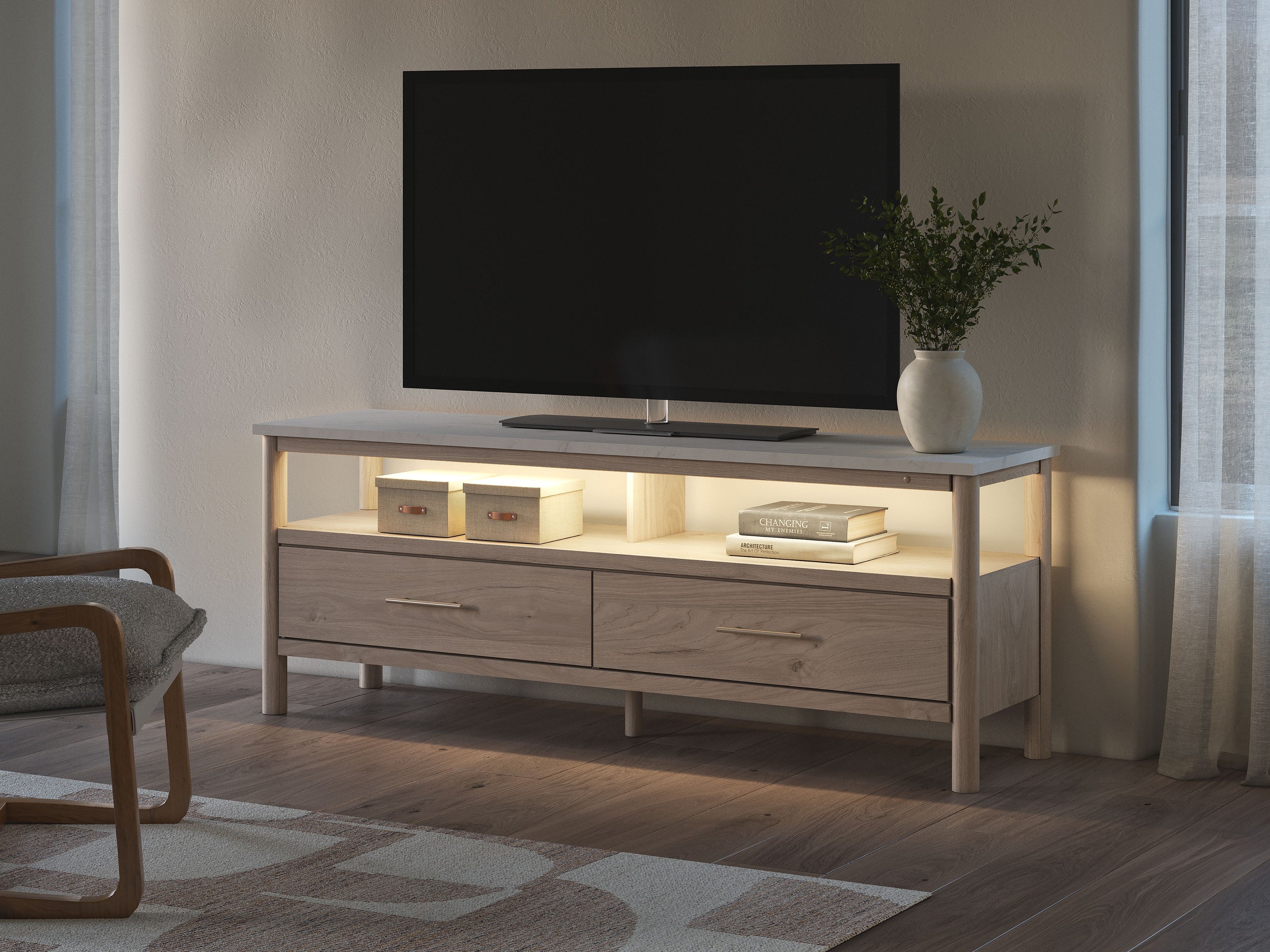 Beige TV stand with open center shelf, two drawers, and gray cabinet doors