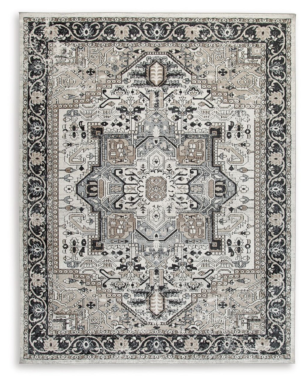 Light gray area rug with black and beige ornate medallion pattern, border edges