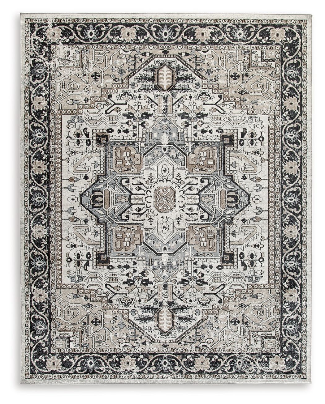 Light gray area rug with black and beige ornate medallion pattern, border edges
