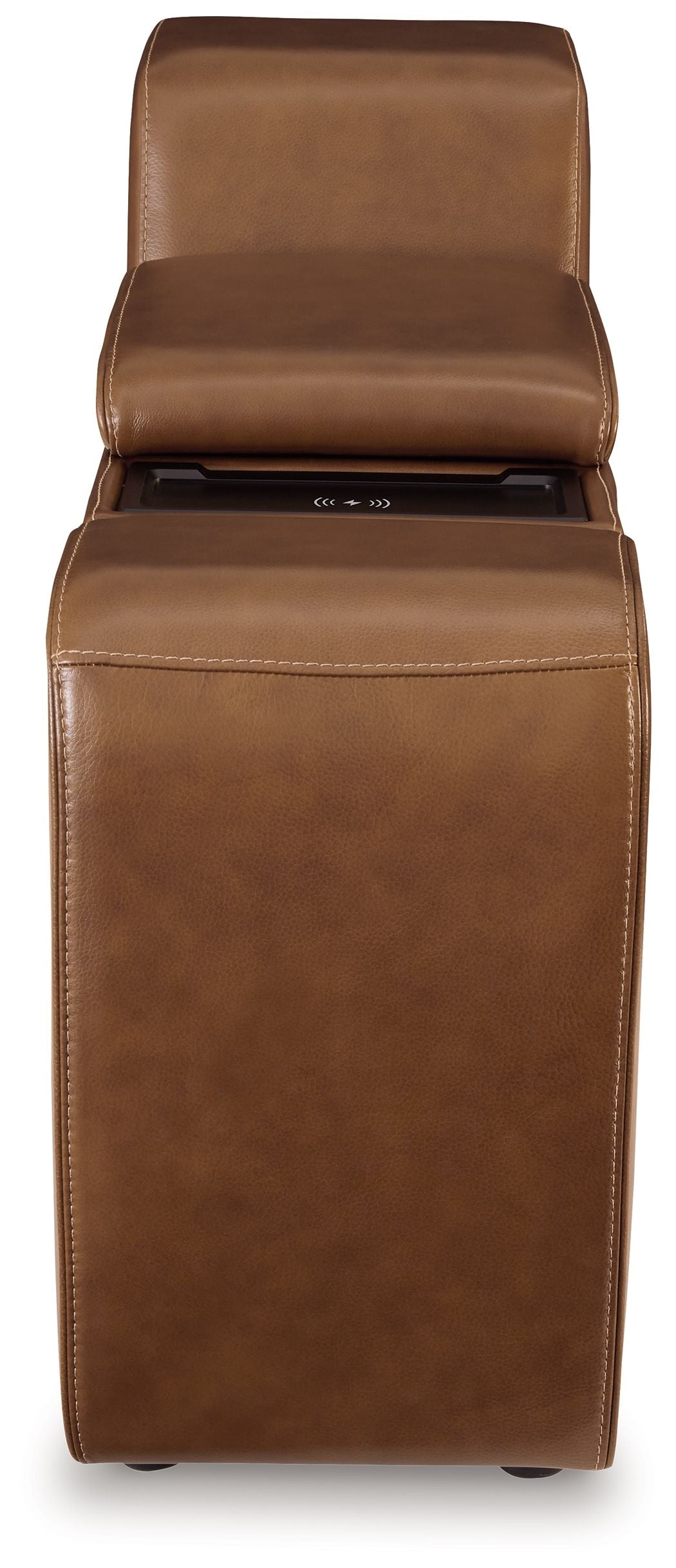 Brown leather console with open top storage compartment and padded front panels