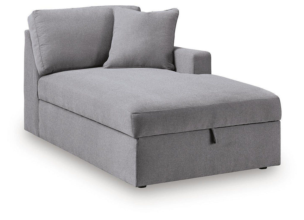 Gray corner chaise with storage, RAF-style, with two back cushions and low arms
