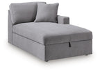 Gray corner chaise with storage, RAF-style, with two back cushions and low arms