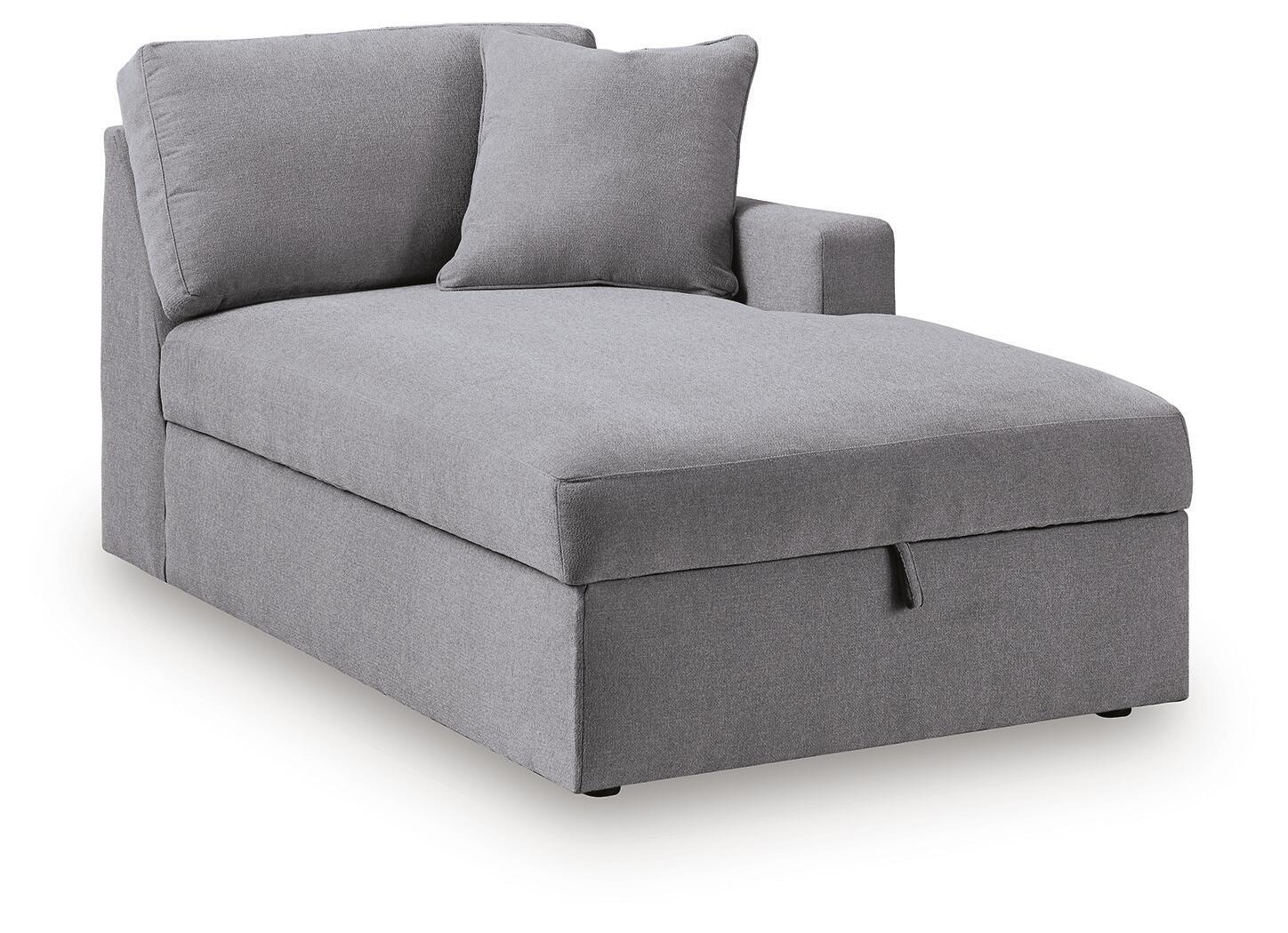 Gray corner chaise with storage, RAF-style, with two back cushions and low arms