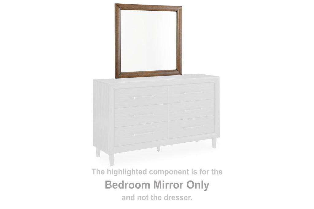Brown-framed bedroom mirror with square glass, shown on a white dresser