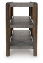 Gray interior sofa table with dark brown posts and three open shelf levels