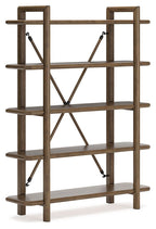 Brown wooden bookcase with five open shelves and diagonal cross braces
