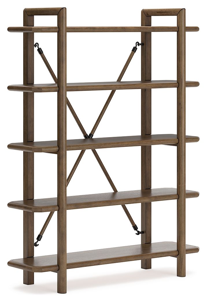 Brown wooden bookcase with five open shelves and diagonal cross braces