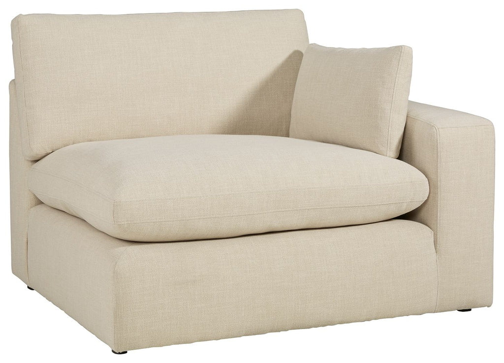 Linen RAF corner chair with rounded arms and boxy base, light beige fabric