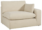 Linen RAF corner chair with rounded arms and boxy base, light beige fabric