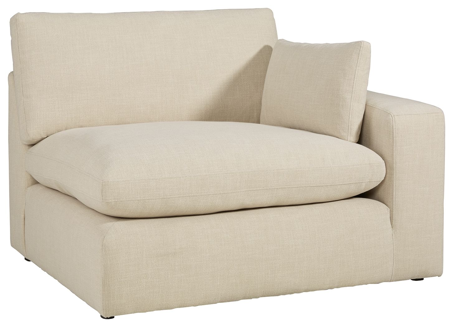 Linen RAF corner chair with rounded arms and boxy base, light beige fabric