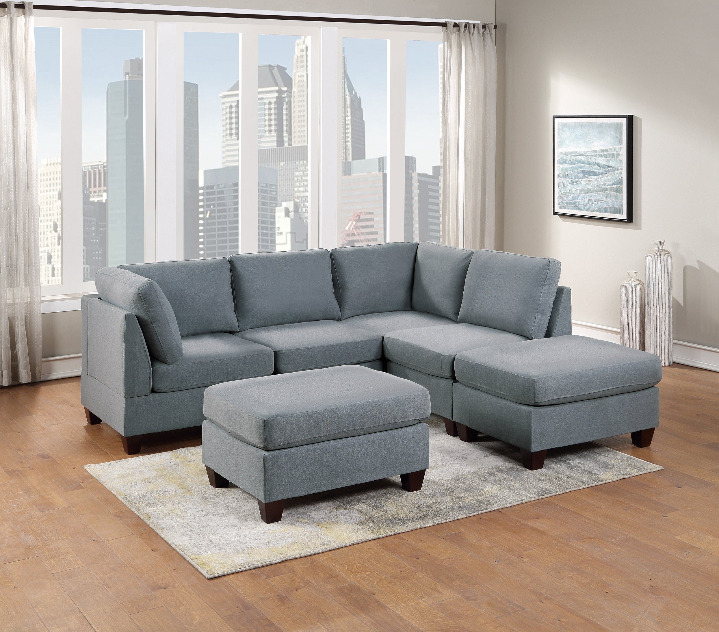 Modular L-Sectional 6pc Set - Grey Linen Fabric