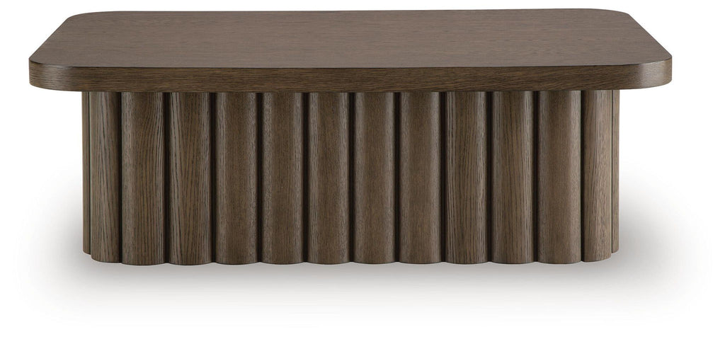 Dark brown rectangular table with ribbed vertical side panels and flat top