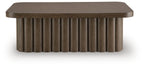 Dark brown rectangular table with ribbed vertical side panels and flat top