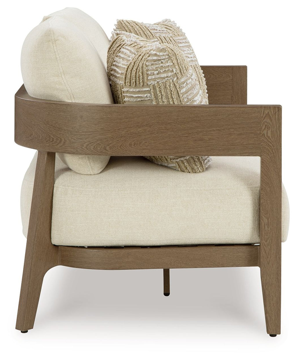 Loveseat side view with dark brown arms, light beige seat cushion and patterned throw pillow