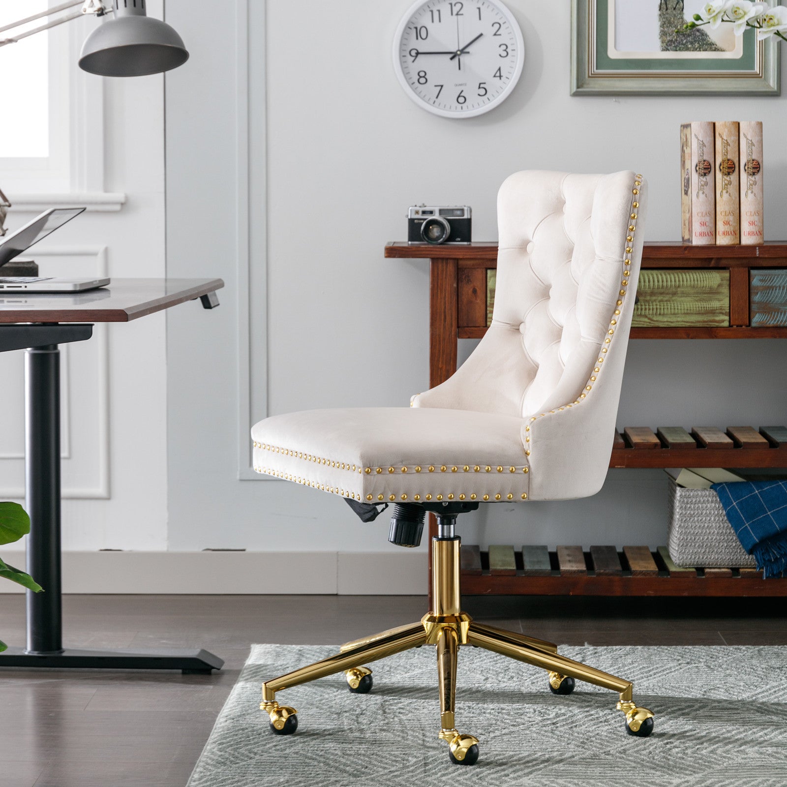 Velvet Tufted Office Chair w/ Gold Base- Beige