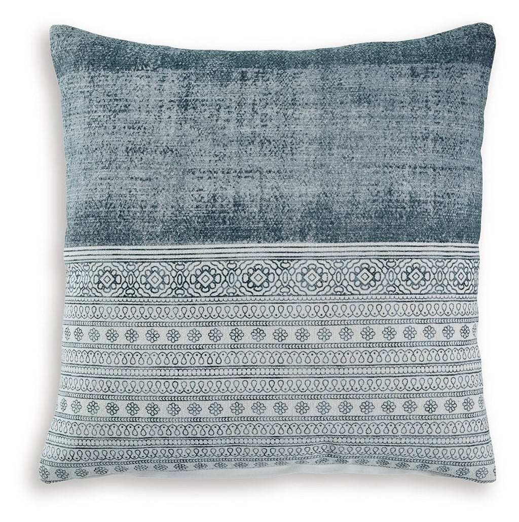 Blue throw pillow with white geometric border and patterned stripe band