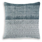 Blue throw pillow with white geometric border and patterned stripe band