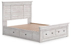 Panel storage bed with open slat base, light gray wood frame, two front drawers