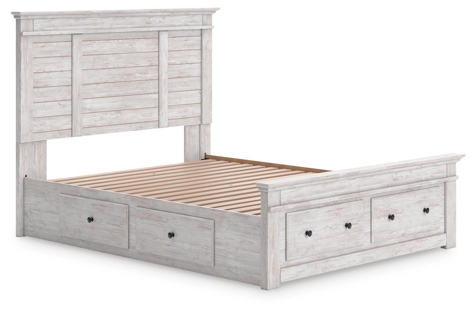 Panel storage bed with open slat base, light gray wood frame, two front drawers
