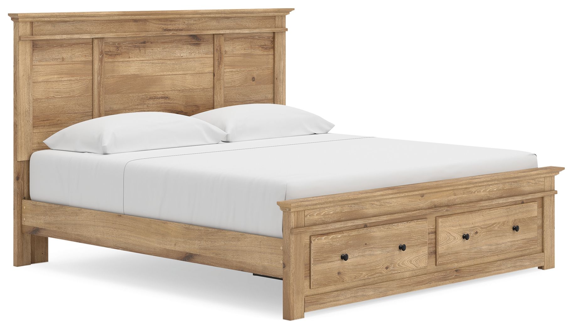 Panel storage bed with light brown wood frame, upholstered white mattress, and two front drawers